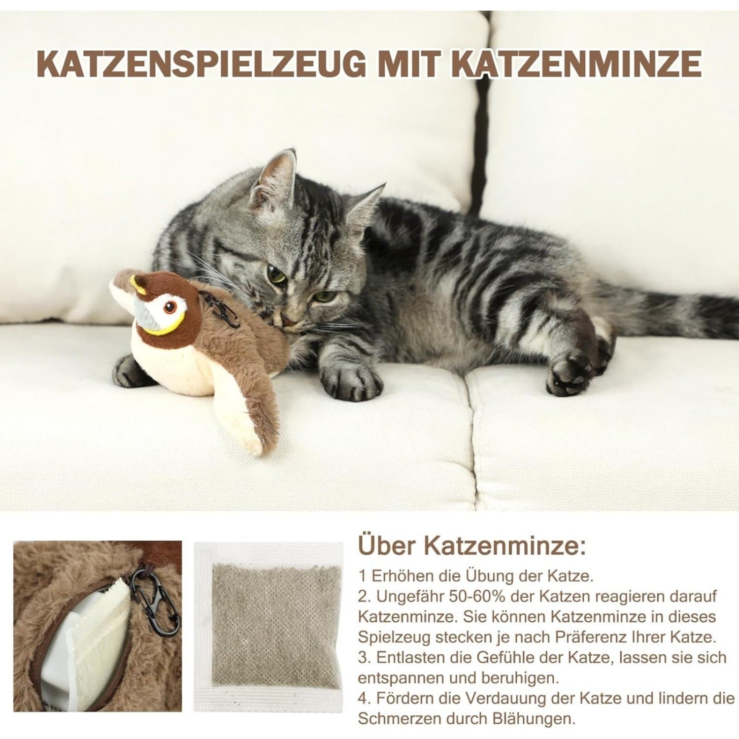 Brinquedo elétrico em forma de pássaro com catnip para gatos, recarregável via USB, em uso por gato doméstico