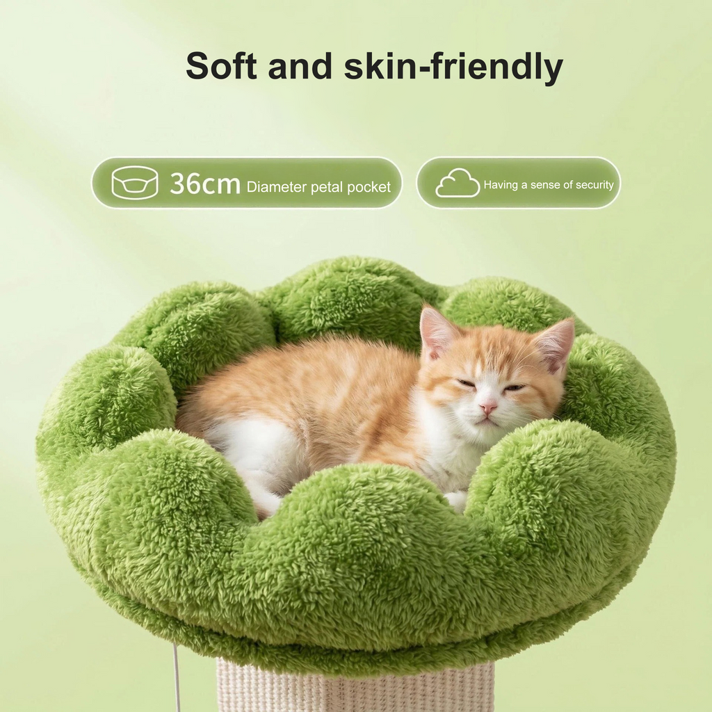 Arranhador em forma de flor com poleiro removível e bola interativa suspensa, em sisal natural, para gatos de interior
