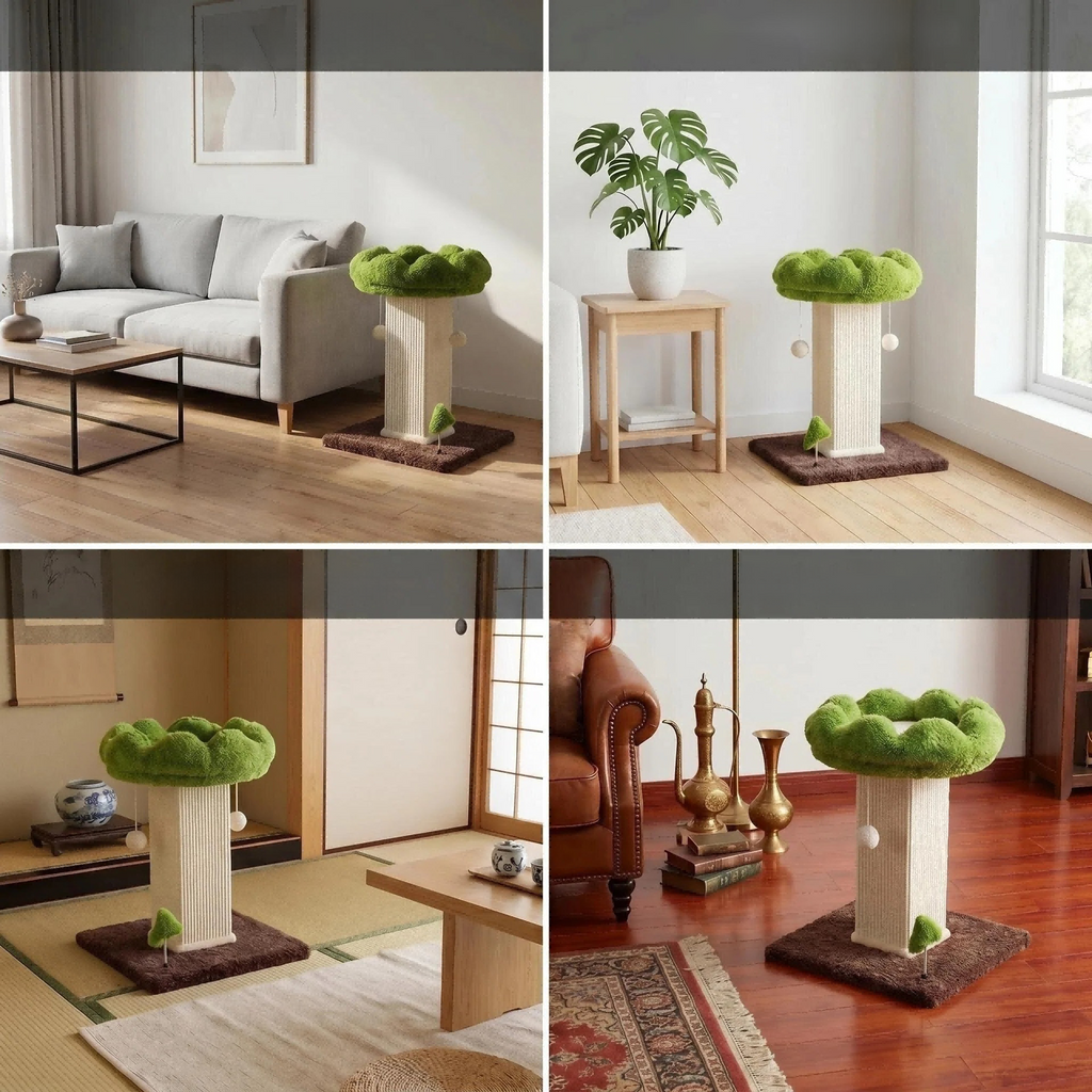 Arranhador em forma de flor com poleiro removível e bola interativa suspensa, em sisal natural, para gatos de interior