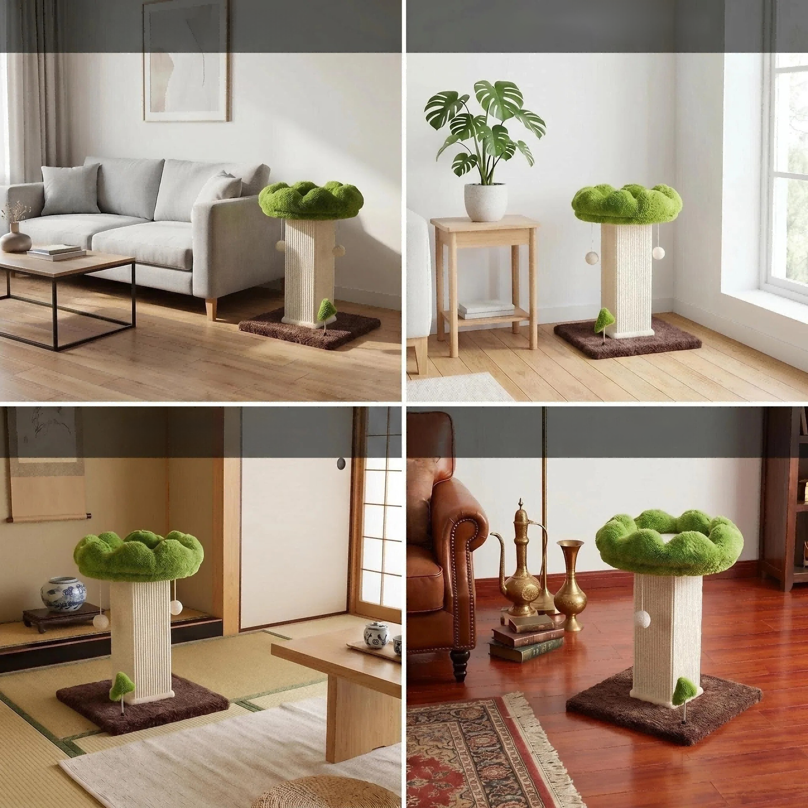Arranhador em forma de flor com poleiro removível e bola interativa suspensa, em sisal natural, para gatos de interior