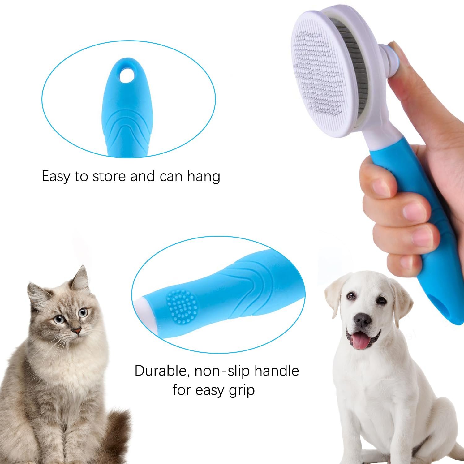 Escova auto-limpante para cães e gatos com botão de limpeza, sobre fundo neutro