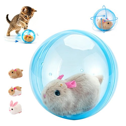 Bola interativa automática a rolar no chão enquanto um gato a persegue numa sala iluminada