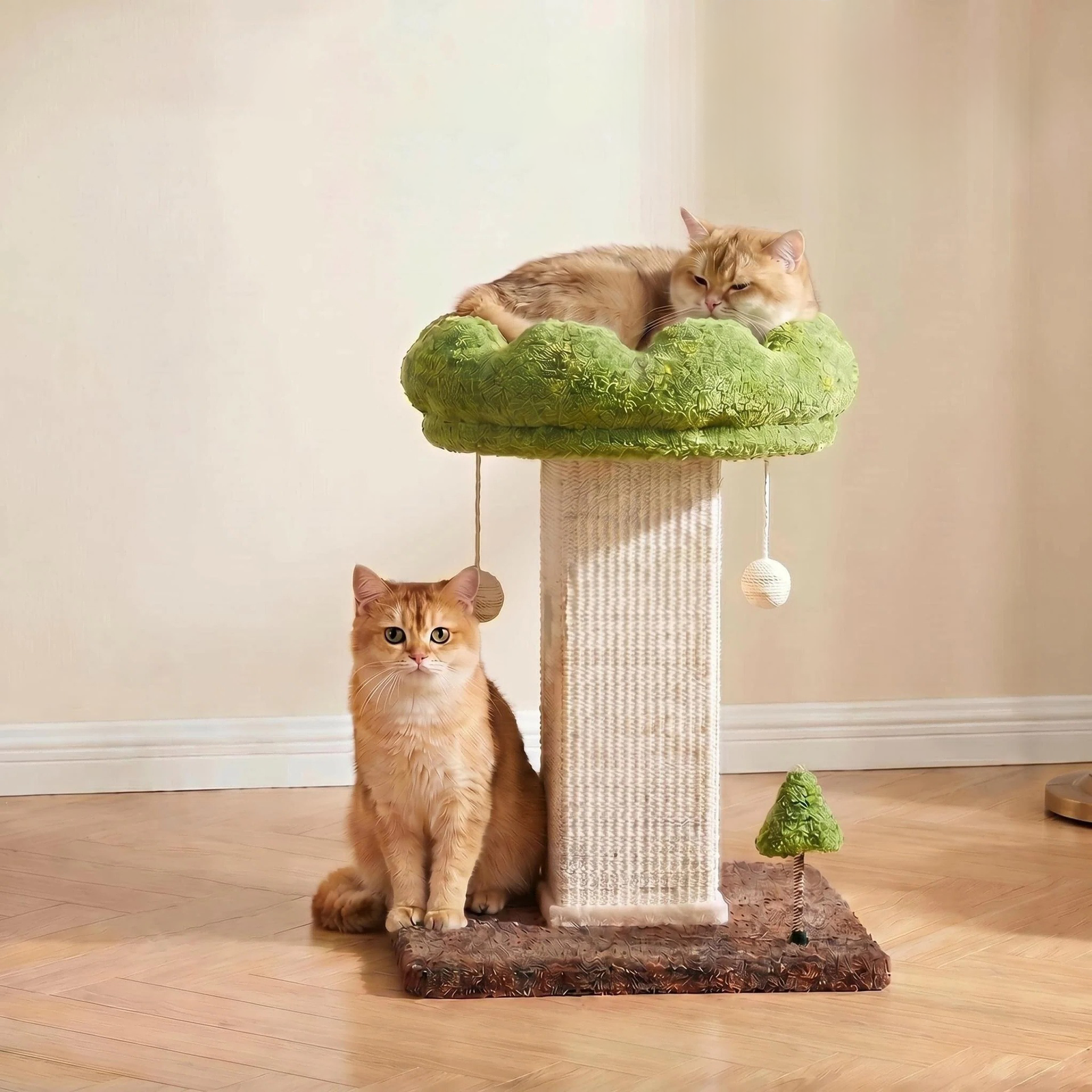 Arranhador em forma de flor com poleiro removível e bola interativa suspensa, em sisal natural, para gatos de interior