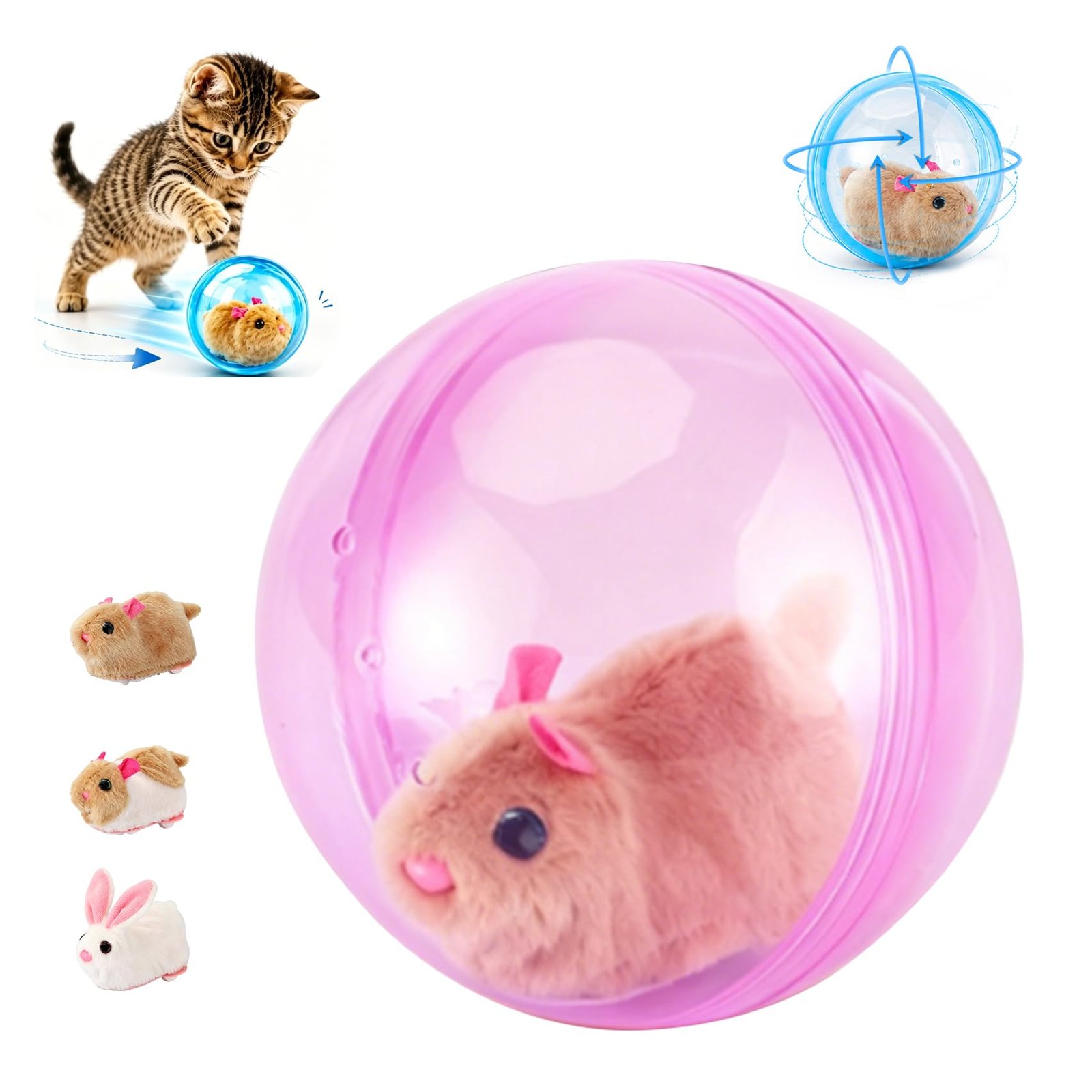 Bola interativa automática a rolar no chão enquanto um gato a persegue numa sala iluminada