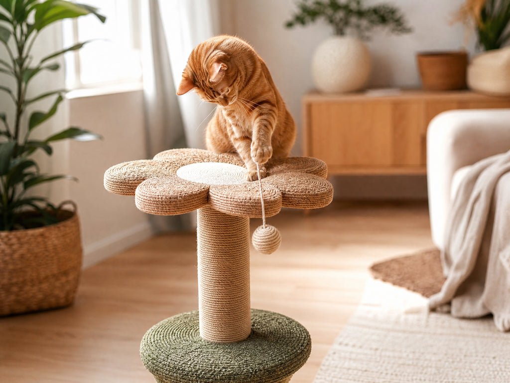 Arranhador Flor – Gato no topo em ambiente moderno