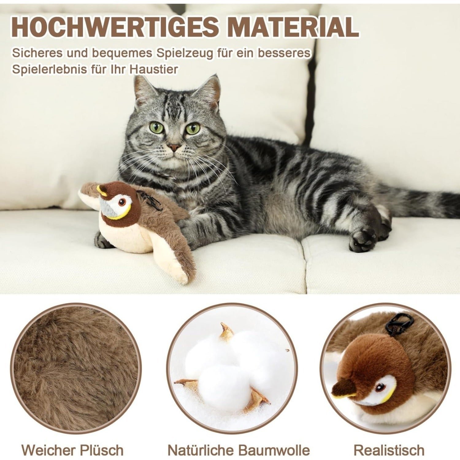 Brinquedo elétrico em forma de pássaro com catnip para gatos, recarregável via USB, em uso por gato doméstico