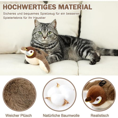 Brinquedo elétrico em forma de pássaro com catnip para gatos, recarregável via USB, em uso por gato doméstico