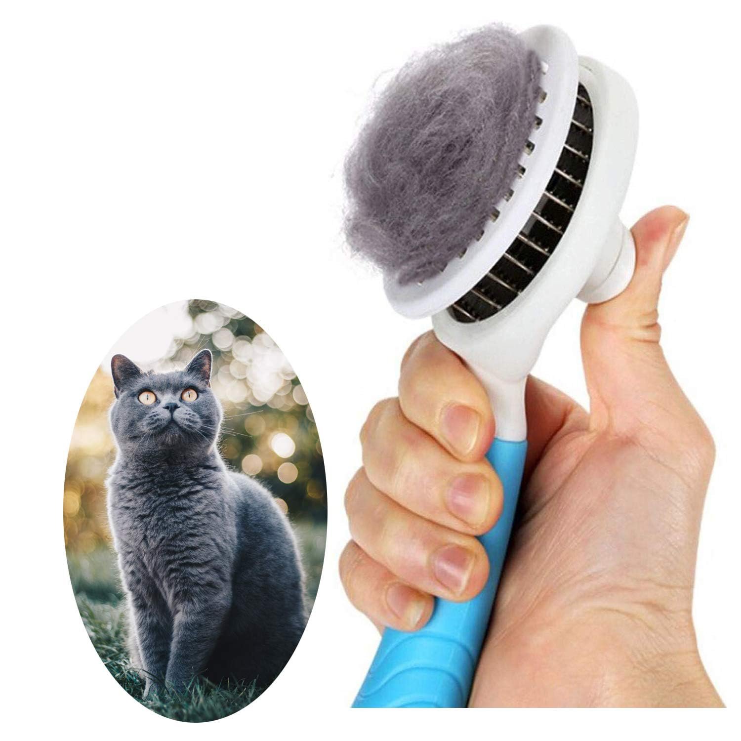 Escova auto-limpante para cães e gatos com botão de limpeza, sobre fundo neutro