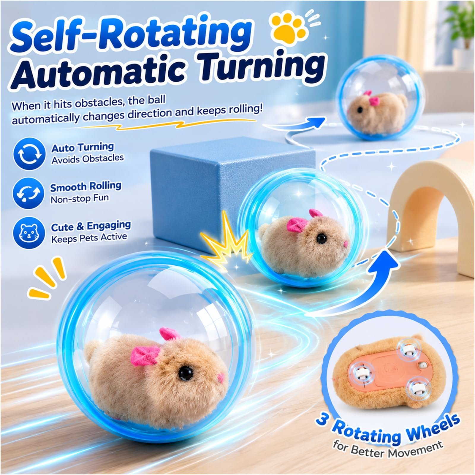 Bola interativa automática a rolar no chão enquanto um gato a persegue numa sala iluminada