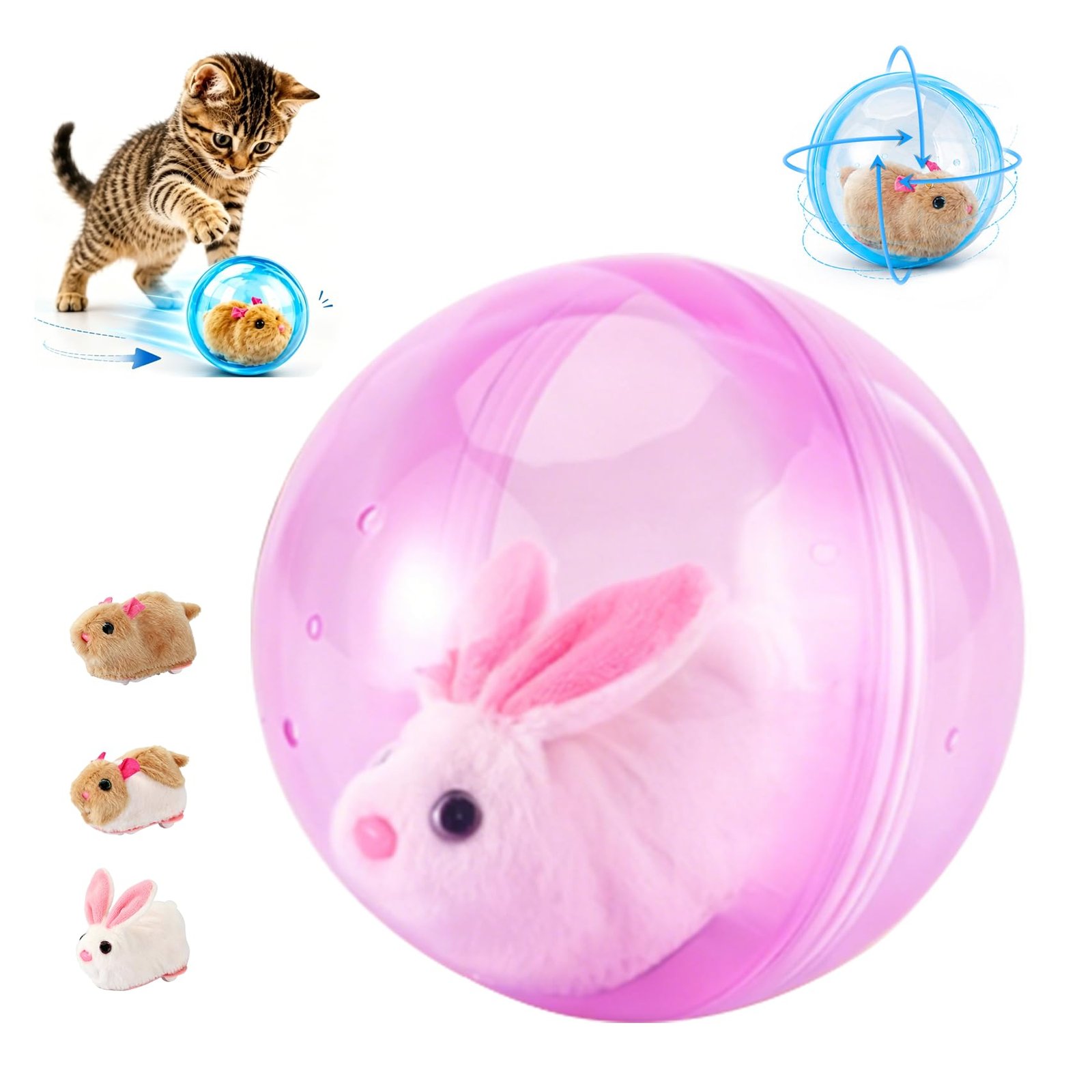 Bola interativa automática a rolar no chão enquanto um gato a persegue numa sala iluminada
