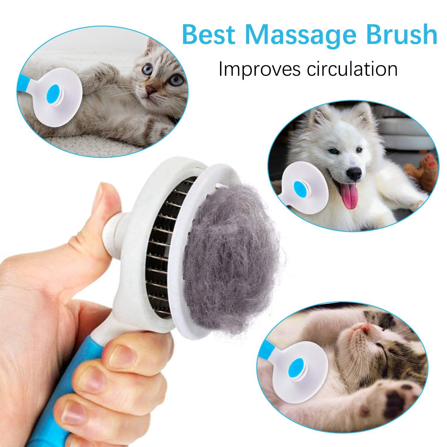 Escova auto-limpante para cães e gatos com botão de limpeza, sobre fundo neutro
