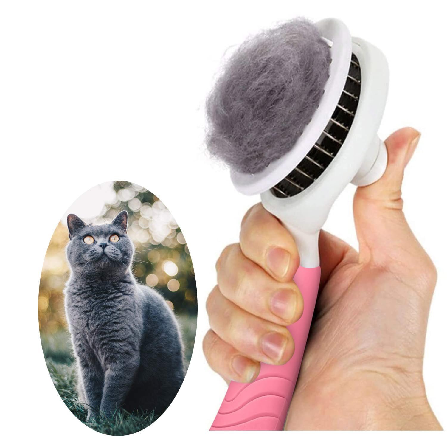 Escova auto-limpante para cães e gatos com botão de limpeza, sobre fundo neutro