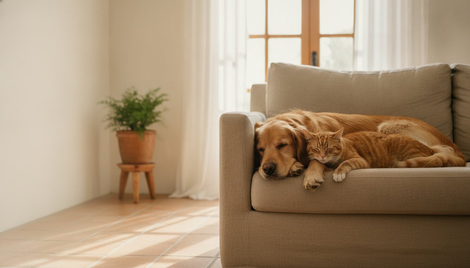 Cão e gato a descansar juntos num sofá de linho numa sala luminosa — o conforto Snoutly em casa
